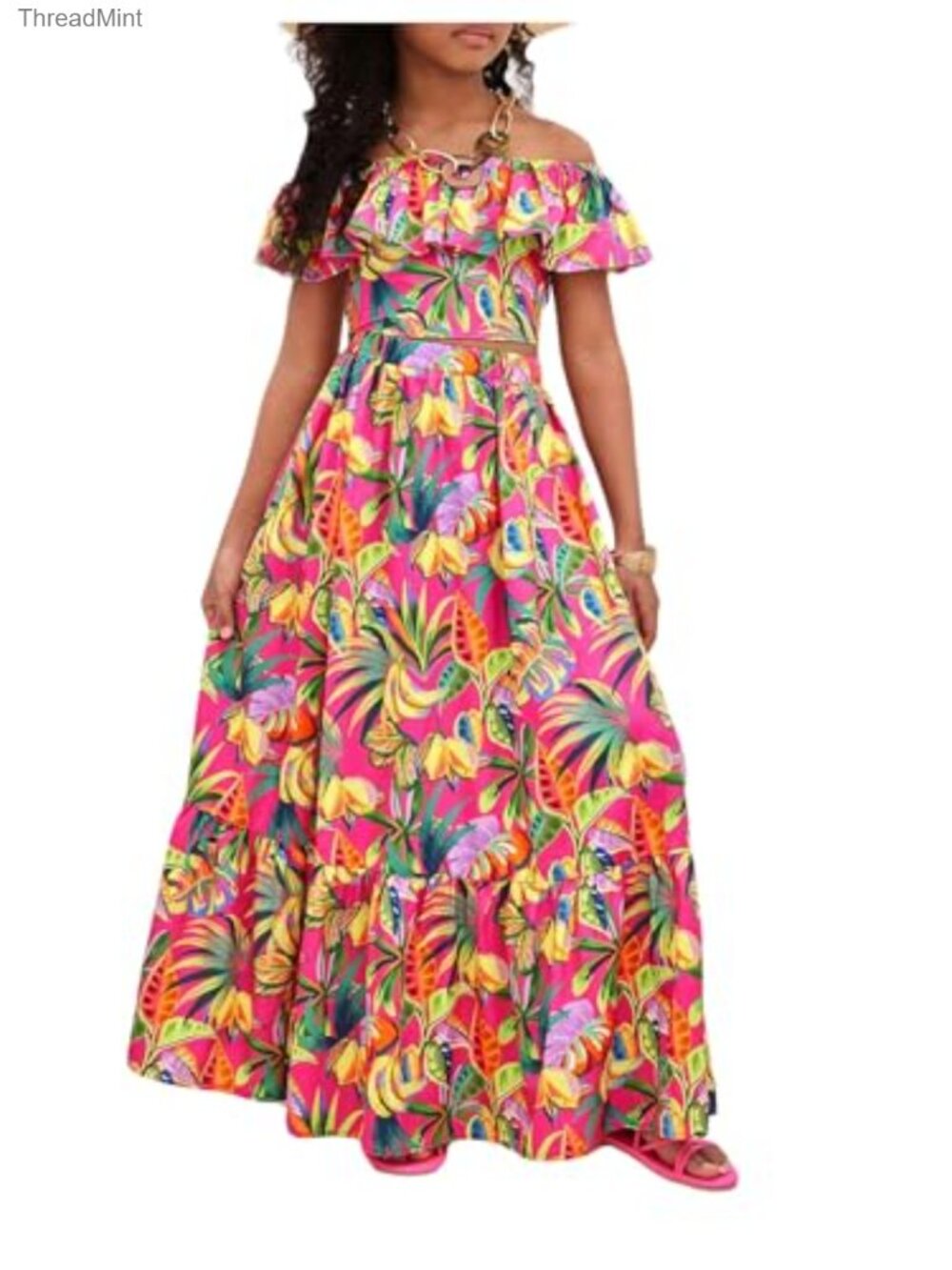 Girls 2 Piece Tropical Print Off Shoulder Top & Ruffle Skirt Set, 100%